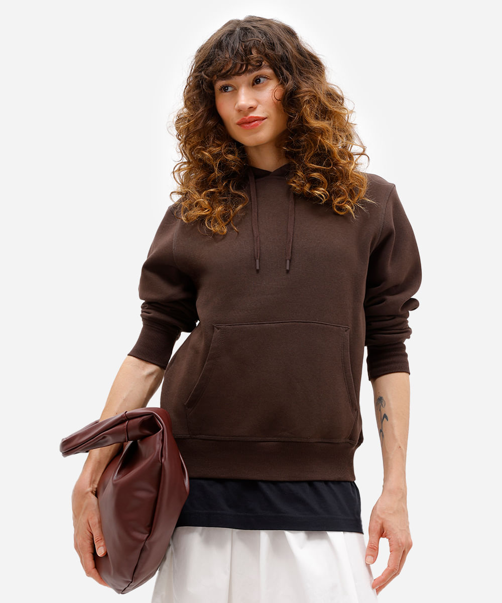 blusão básico feminino de moletom com capuz marrom