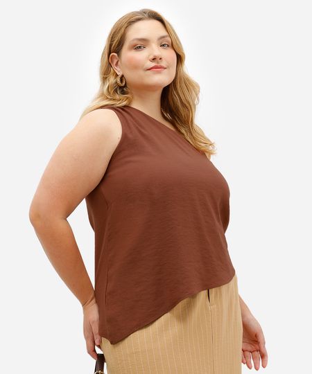blusa ombro único feminina assimétrica plus size marrom GG1