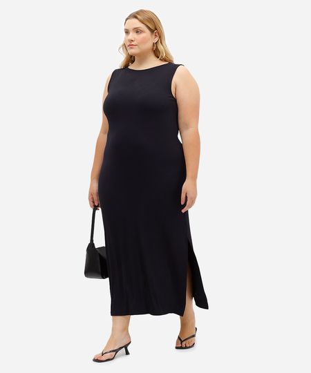 vestido midi feminino decote canoa canelado plus size preto GG1