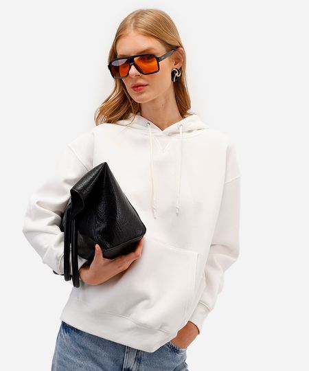 blusão feminino de moletom felpado com capuz off white PP