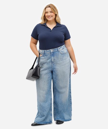 calça jeans plus size super wide leg cintura média azul 48