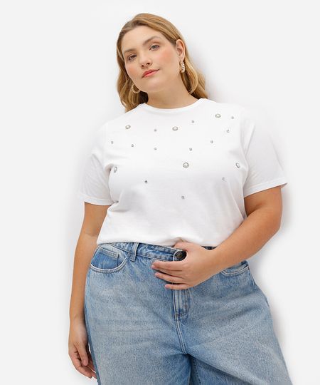 camiseta de algodão manga curta com bordados plus size - off white GG camiseta de algodão manga curta com bordados plus size - off white GG