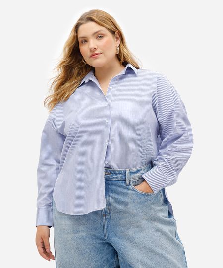 camisa feminina de algodão oversized plus size listrada azul GG camisa feminina de algodão oversized plus size listrada azul GG