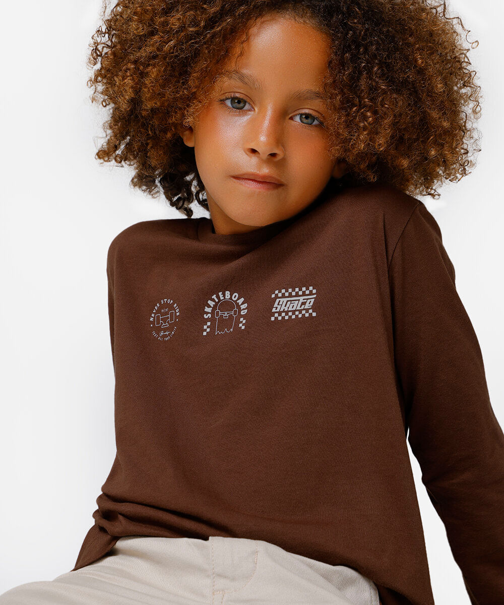 blusa de algodão infantil manga longa skate marrom