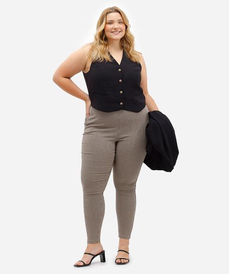 calça legging feminina pied de poule plus size bege 48