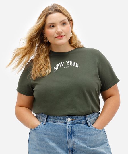 camiseta feminina de algodão new york plus size verde GG4
