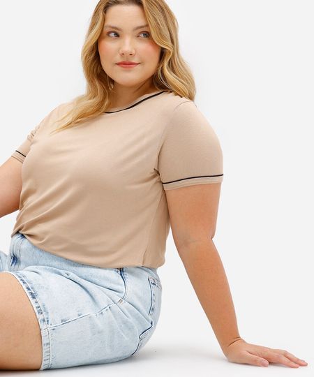 blusa feminina de viscose manga curta plus size bege GG4