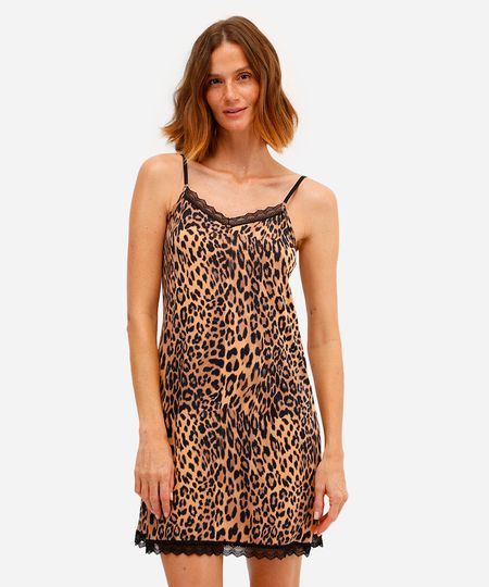 camisola feminina alça fina animal print com renda marrom GG