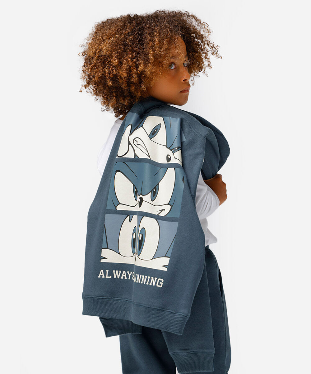 blusão de moletom infantil com capuz sonic azul