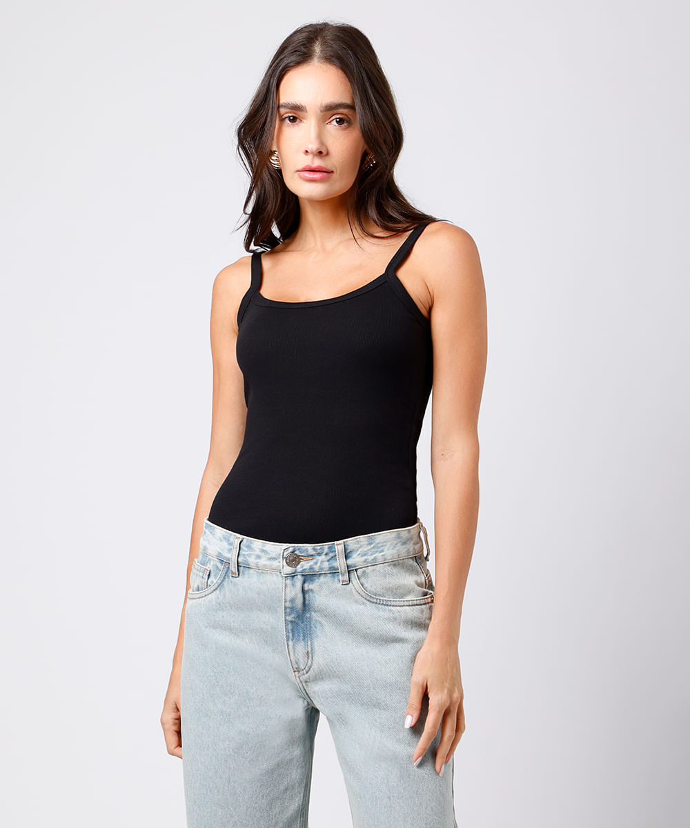 regata feminina de algodão peruano canelada mindset preta