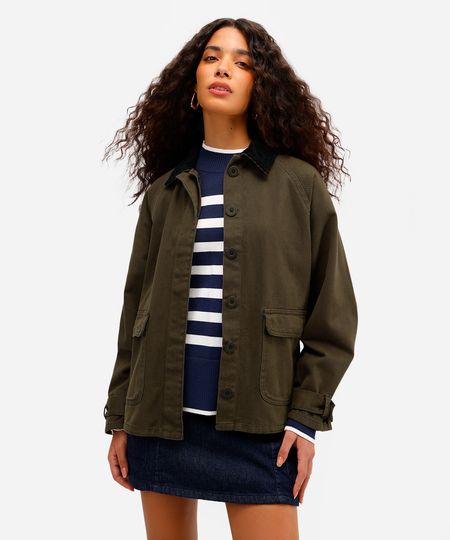 jaqueta feminina de sarja com bolsos verde PP jaqueta feminina de sarja com bolsos verde PP