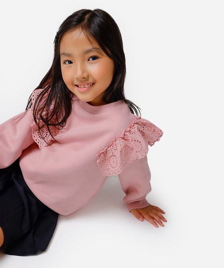 blusão de moletom infantil babado de laise rosa 4 blusão de moletom infantil babado de laise rosa 4