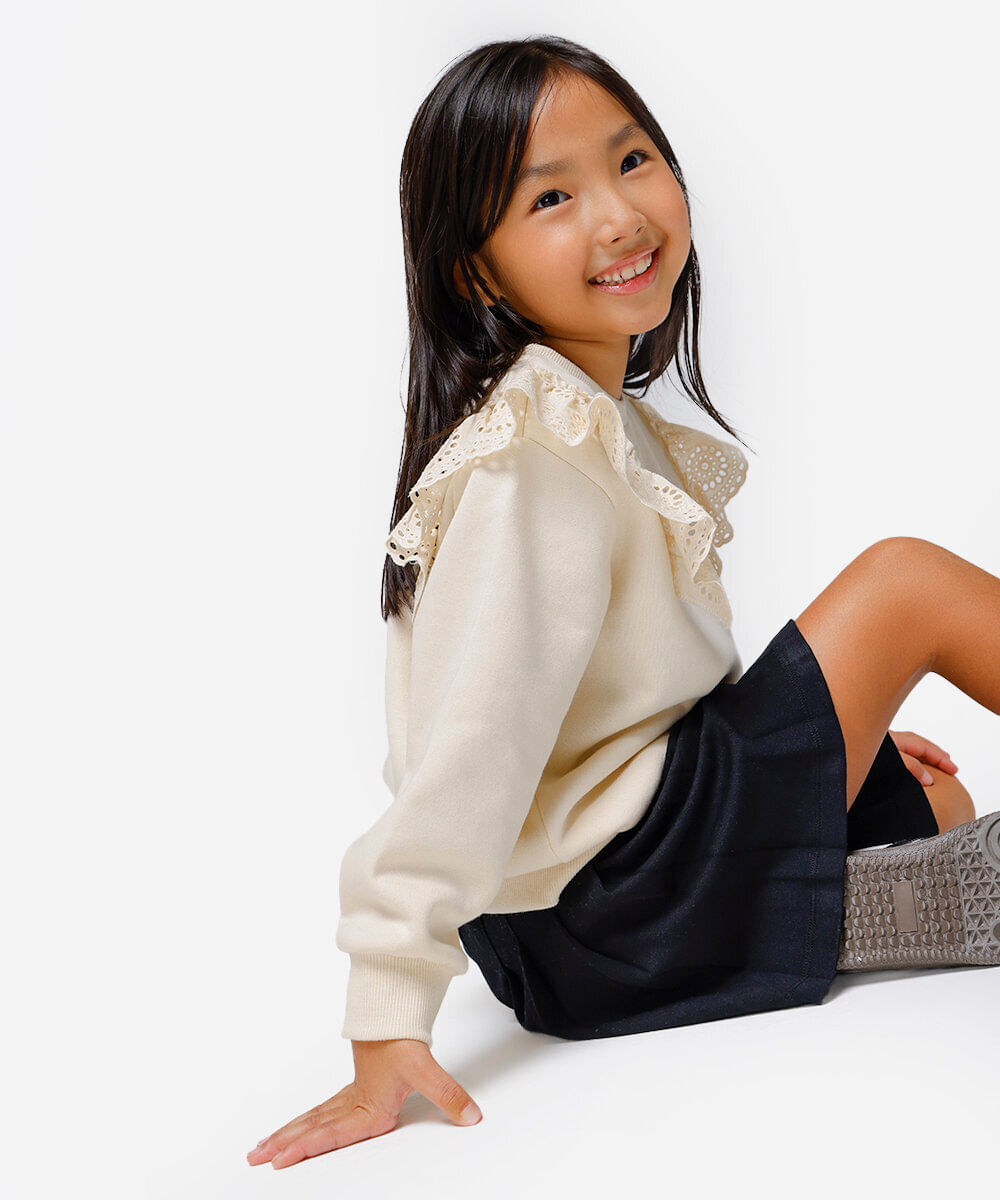 blusão de moletom infantil babado de laise bege