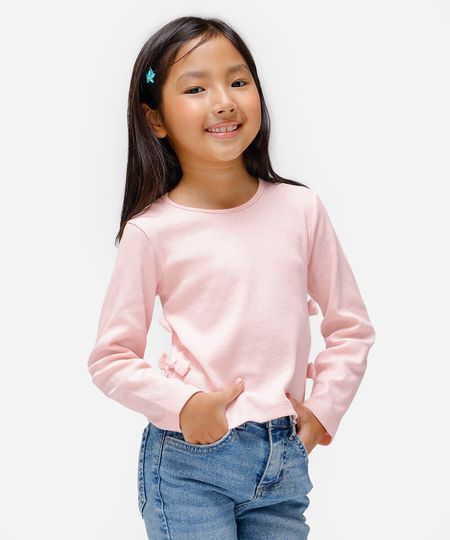 blusa de algodão infantil manga longa com lacinho rosa 4 blusa de algodão infantil manga longa com lacinho rosa 4