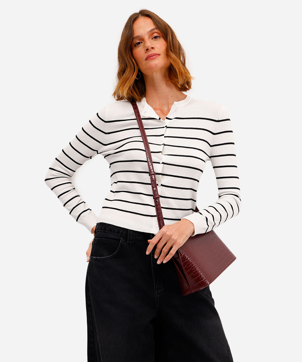 cardigan básico feminino de tricot listrado off white