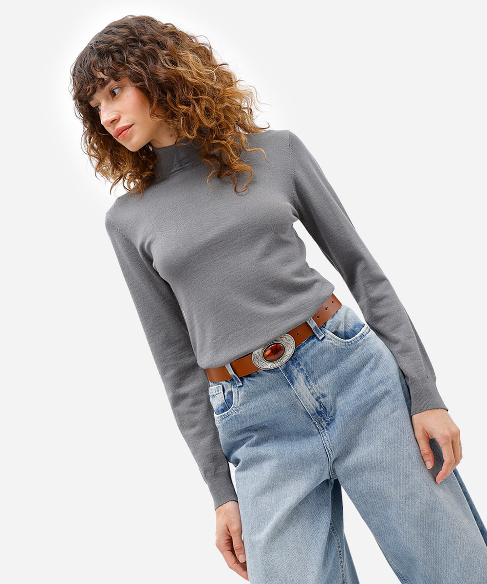 blusa feminina de tricot manga longa gola alta cinza