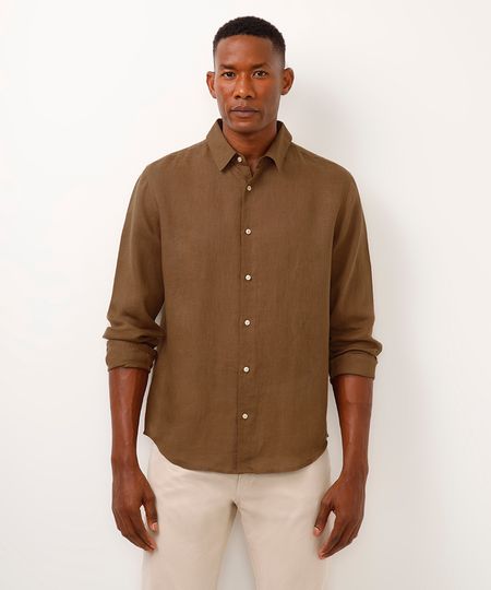camisa comfort de linho manga longa bege G