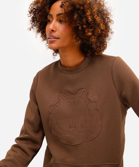 blusão feminino de moletom felpado com bordado garfield marrom M