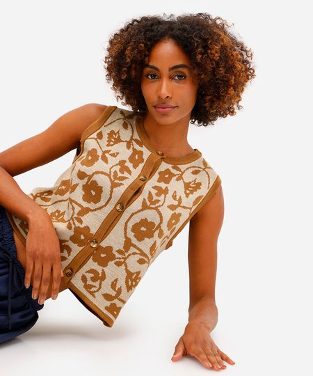 colete feminino de tricot floral bege PP colete feminino de tricot floral bege PP