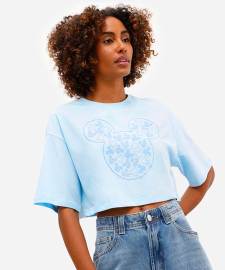cropped feminino de algodão mickey texturizado azul PP