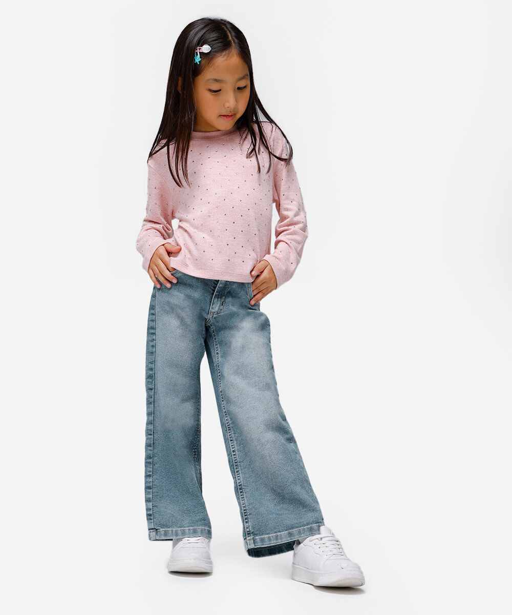 calça wide leg infantil jeans azul