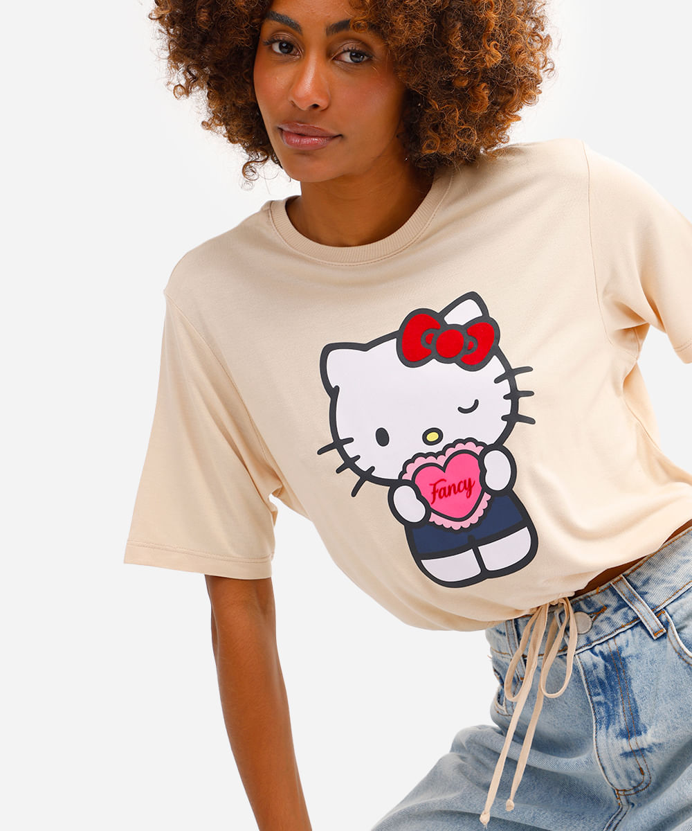 camiseta feminina de viscose hello kitty com amarração bege