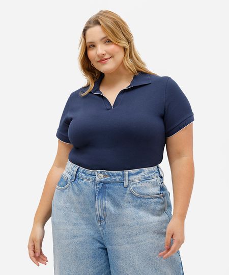 polo feminina canelada manga curta plus size azul GG2 polo feminina canelada manga curta plus size azul GG2