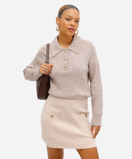 suéter feminino de tricot com gola manga longa bege M
