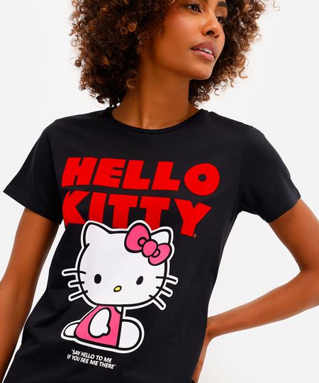 camiseta feminina de algodão hello kitty texturizada preta M