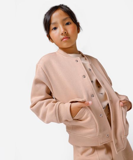 jaqueta infantil de moletom bolso lapela bege 4