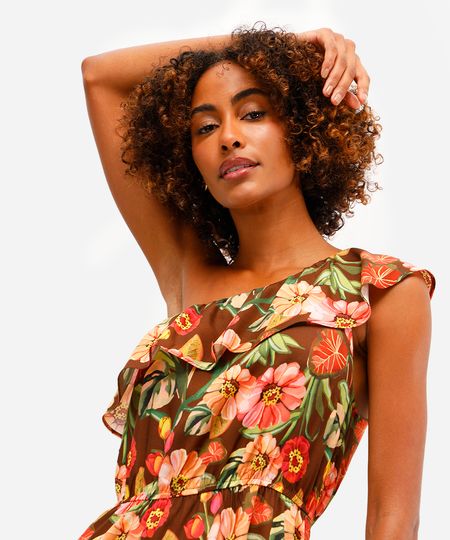 vestido midi feminino ombro único com babado floral marrom P