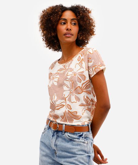 blusa feminina de algodão manga curta floral bege G
