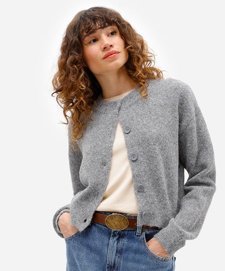 cardigan cropped feminino de tricot com lã texturizado cinza G