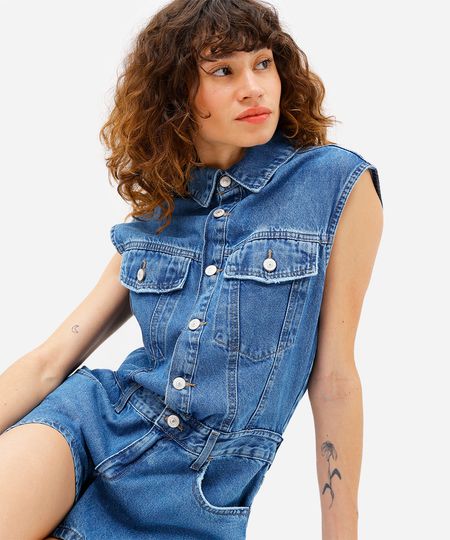 macaquinho feminino jeans com fendas azul PP