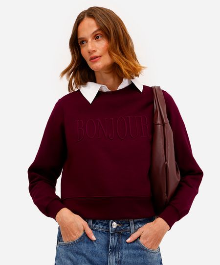 blusão feminino de moletom felpado cropped bonjour vinho P