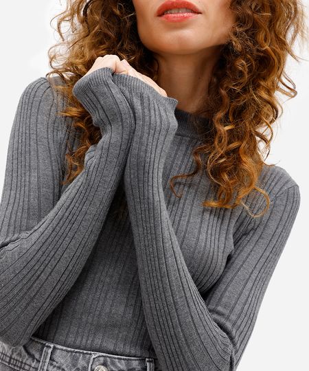 blusa básica feminina de tricot  manga longa canelada cinza P