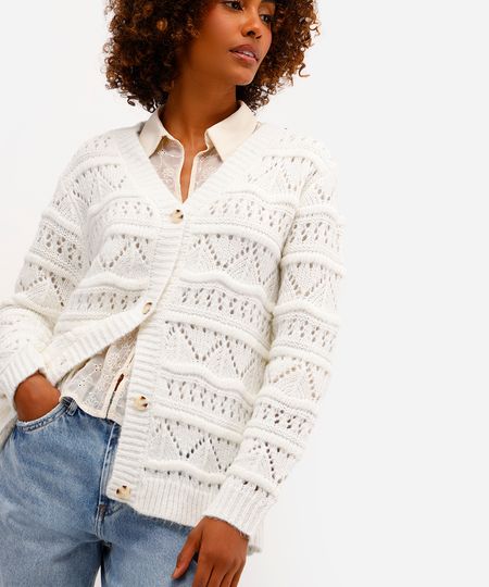 cardigan feminino de tricot texturizado off white PP cardigan feminino de tricot texturizado off white PP
