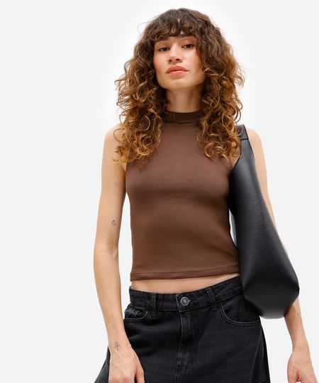 regata feminina de algodão básica gola alta marrom PP