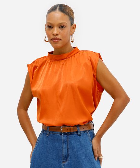 blusa feminina decote redondo franzida laranja G