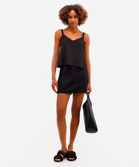 short saia feminino com linho cós elástico preto 34