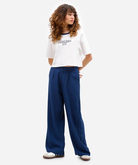 calça wide leg de viscose cintura alta com bolsos azul 44 calça wide leg de viscose cintura alta com bolsos azul 44