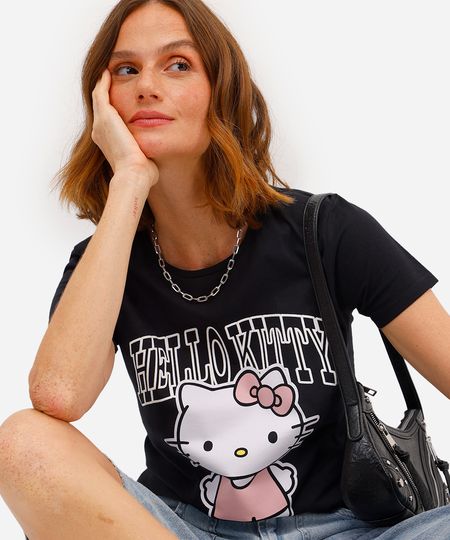 camiseta feminina de algodão hello kitty preta G
