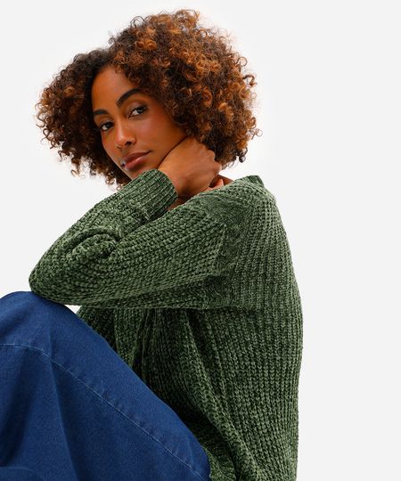 suéter feminino de tricot decote v verde PP