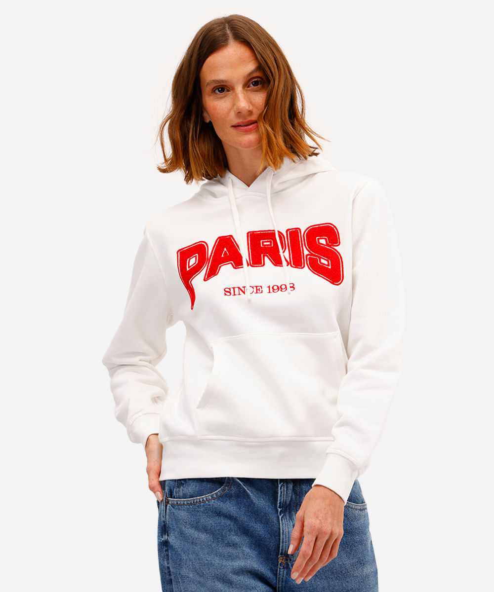 blusão feminino de moletom felpado bordado paris com capuz off white