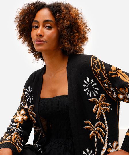 cardigan feminino de tricot folhagens preto PP cardigan feminino de tricot folhagens preto PP