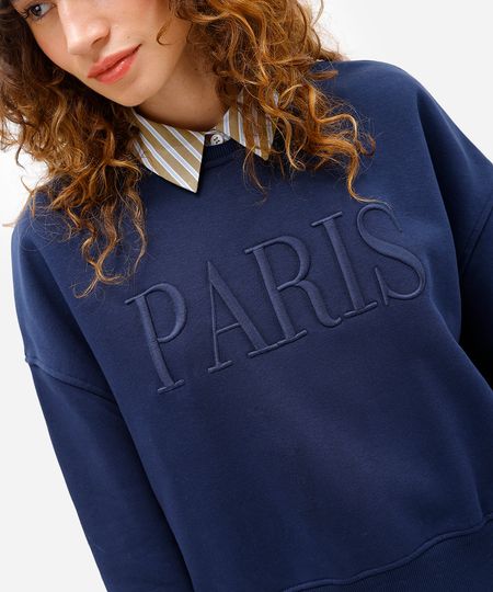 blusão feminino de moletom felpado bordado paris azul M