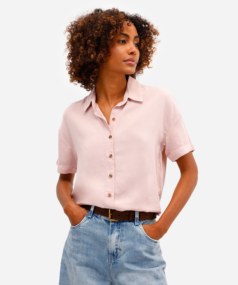 camisa feminina de liocel manga curta rosa
