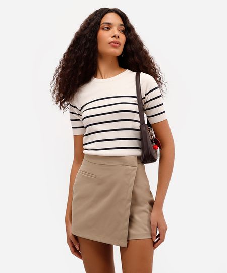blusa feminina de tricot listrada bege P blusa feminina de tricot listrada bege P