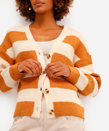 cardigan feminino de tricot listrado bege P cardigan feminino de tricot listrado bege P