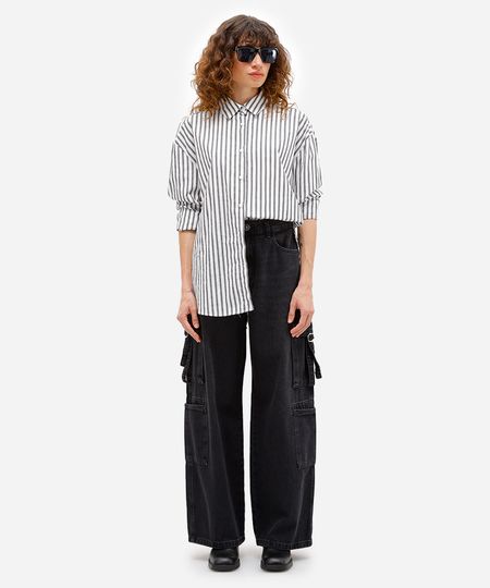 calça skater feminina jeans com bolsos cargo preta 34